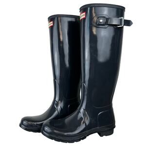 Women's Hunter Boots Original Blue Graphite Tall Glossy Rubber Rain Boots (Sz 8)